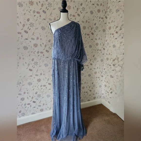 Adrianna Papell Long One Shoulder Beaded Dress, 14 / Blue